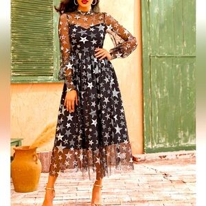 Elegant Black Star Black and WhiteToole Long  Mesh Dress